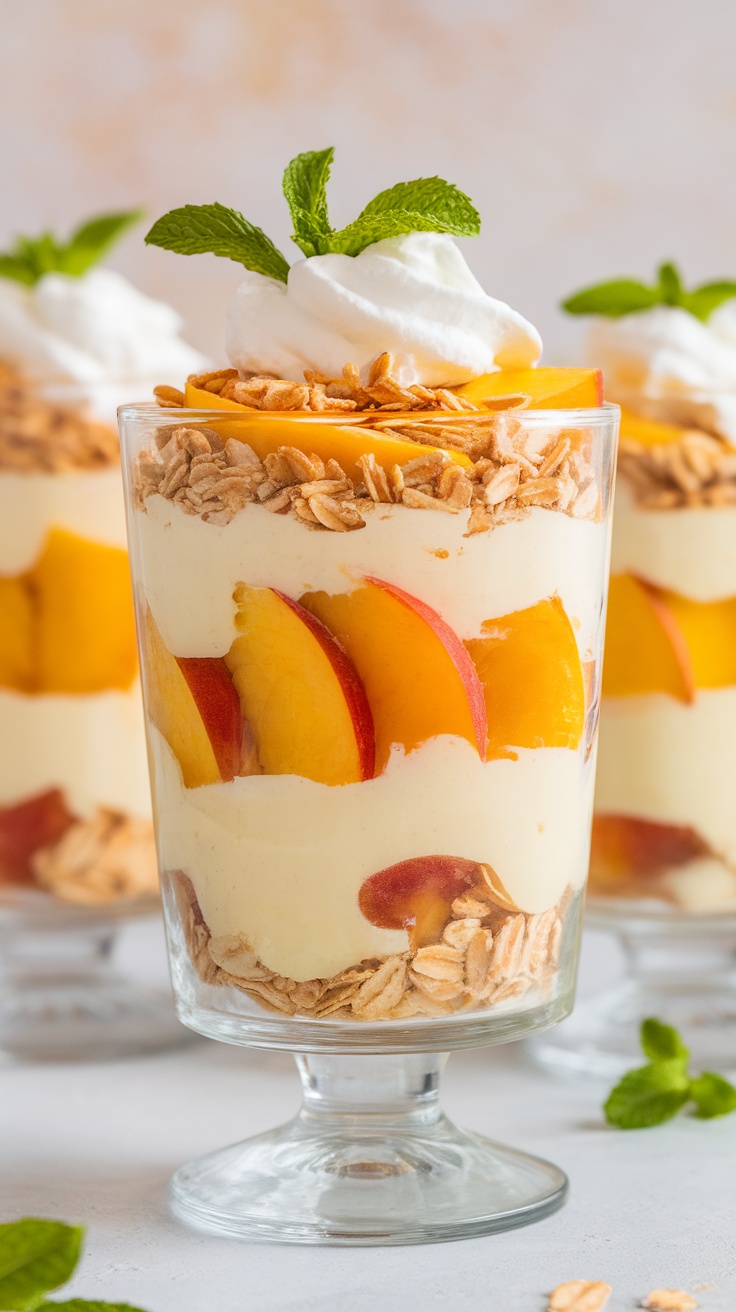 Peach Crisp Pudding Parfait A layered peach pudding parfait with vanilla pudding, fresh peaches, and oat topping in a glass.
